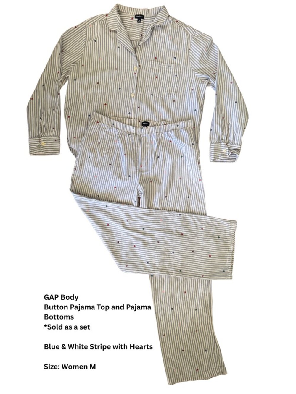 GAP Body Blue & White Striped Heart Pajama Set, M